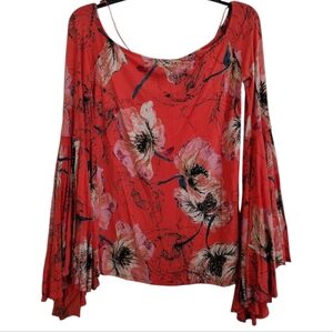 We The Free Birds Of Paradise Orange Floral Top Flare Bell Sleeves Size Medium
